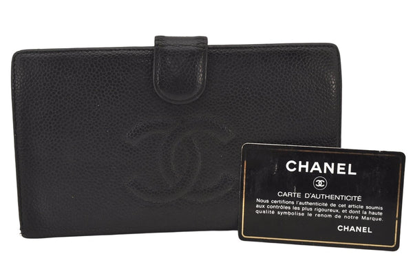 Authentic CHANEL Vintage Caviar Skin CC Logo Long Wallet Purse Black 7287K