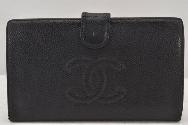 Authentic CHANEL Vintage Caviar Skin CC Logo Long Wallet Purse Black 7287K