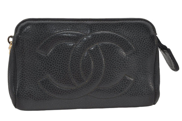 Authentic CHANEL Vintage Caviar Skin CC Logo Pouch Purse Black 7288K