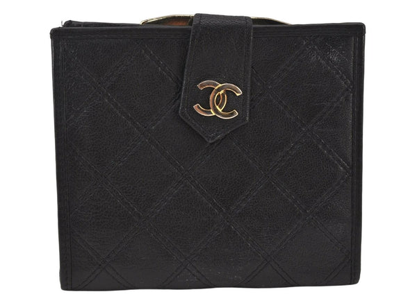 Authentic CHANEL Calf Skin Bicolore Vintage Bifold Wallet Purse Black CC 7290K