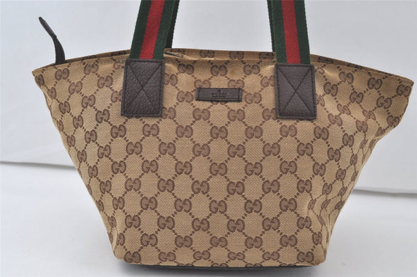 Authentic GUCCI Web Sherry Line Tote Hand Bag GG Canvas Leather Brown 7317K