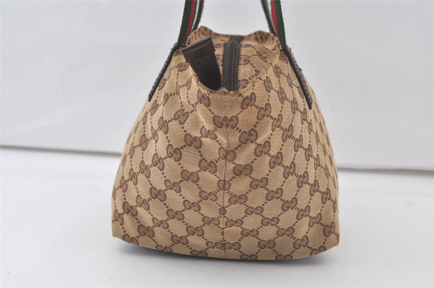 Authentic GUCCI Web Sherry Line Tote Hand Bag GG Canvas Leather Brown 7317K