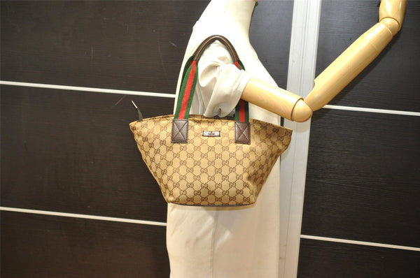 Authentic GUCCI Web Sherry Line Tote Hand Bag GG Canvas Leather Brown 7317K