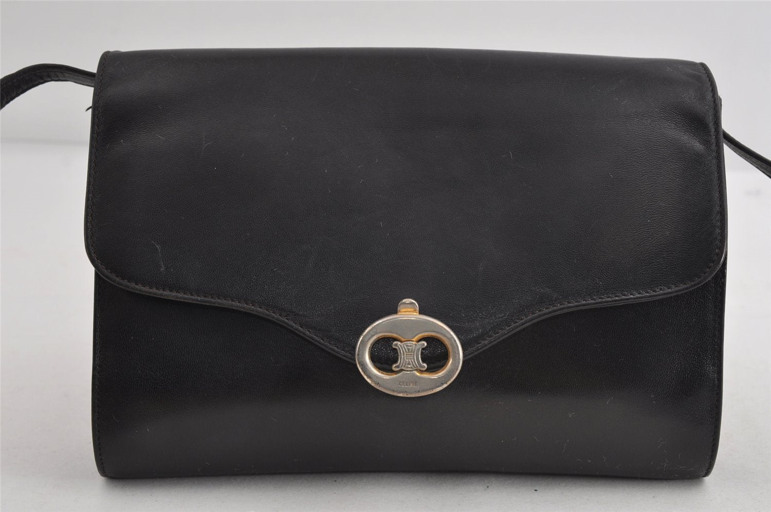 Authentic CELINE Vintage Shoulder Cross Body Bag Purse Leather Black 7319I