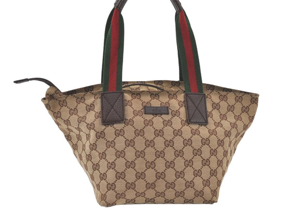 Authentic GUCCI Web Sherry Line Tote Hand Bag GG Canvas Leather Brown 7319K