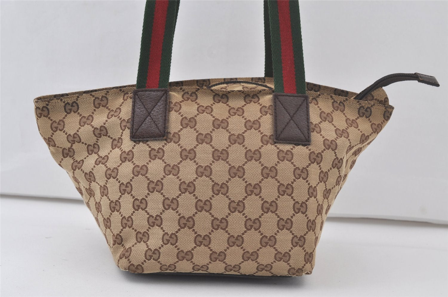 Authentic GUCCI Web Sherry Line Tote Hand Bag GG Canvas Leather Brown 7319K