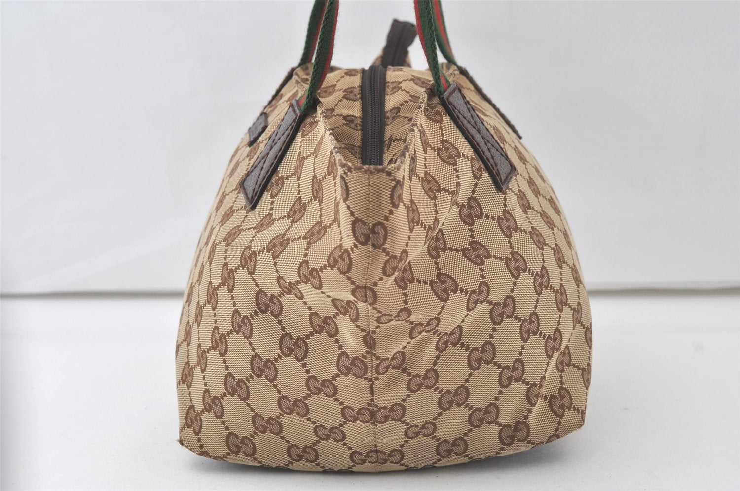 Authentic GUCCI Web Sherry Line Tote Hand Bag GG Canvas Leather Brown 7319K