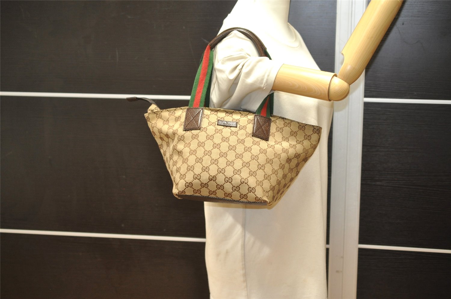 Authentic GUCCI Web Sherry Line Tote Hand Bag GG Canvas Leather Brown 7319K