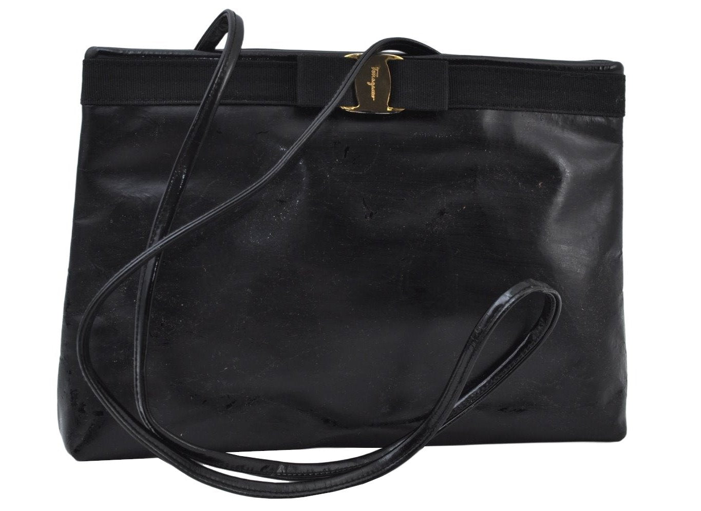 Authentic Salvatore Ferragamo Vara Ribbon Shoulder Cross Bag Enamel Black 7322I