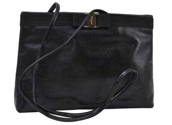 Authentic Salvatore Ferragamo Vara Ribbon Shoulder Cross Bag Enamel Black 7322I