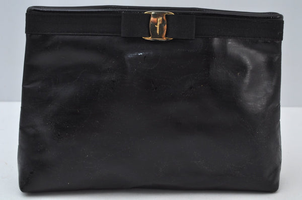 Authentic Salvatore Ferragamo Vara Ribbon Shoulder Cross Bag Enamel Black 7322I