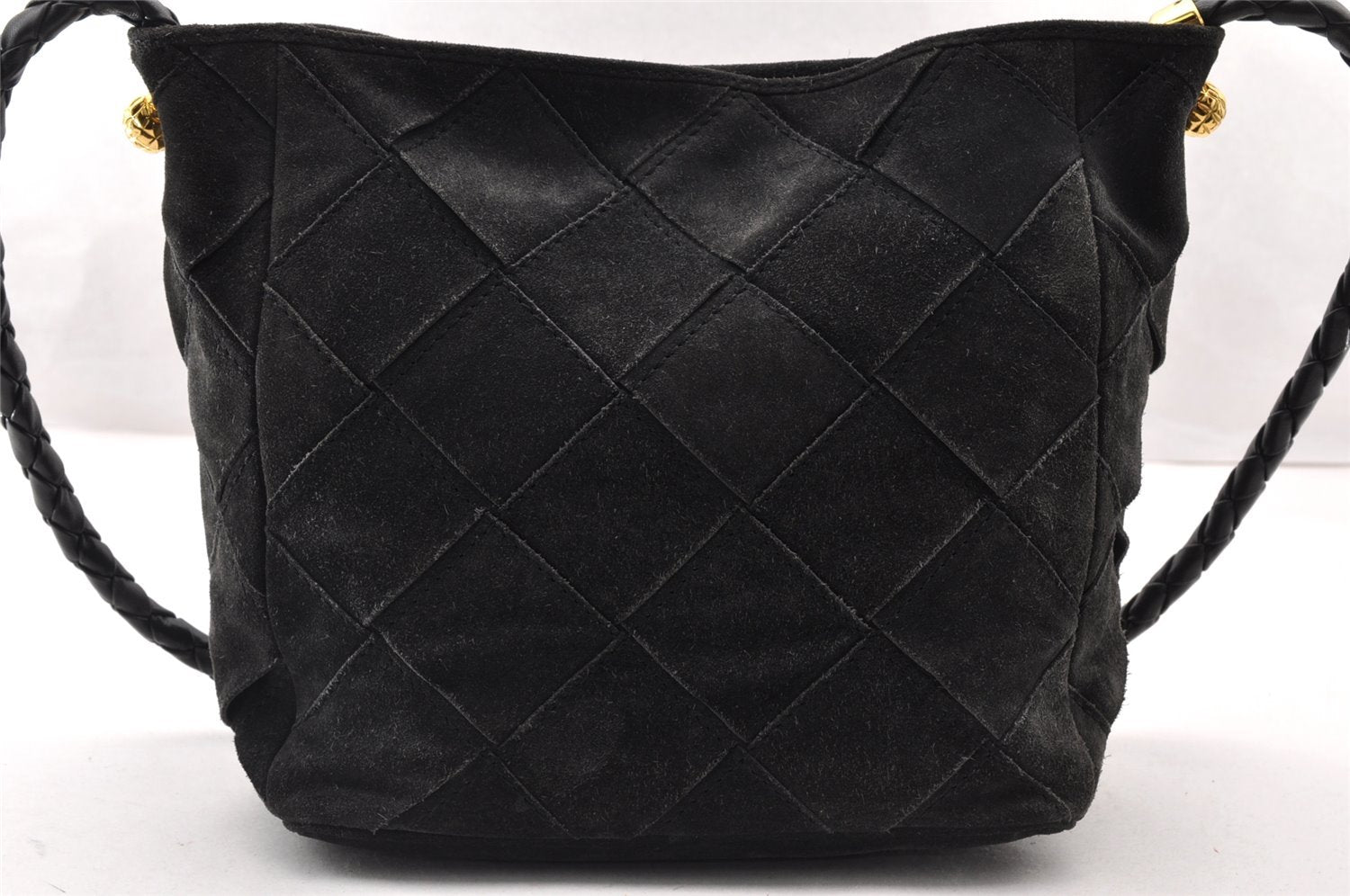 Authentic BOTTEGA VENETA Intrecciato Suede Leather Shoulder Bag Black 7324I