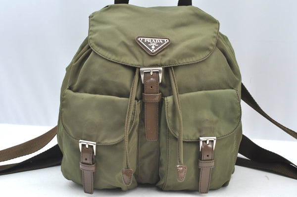 Authentic PRADA Vintage Nylon Leather Backpack Purse Khaki Green 7331H