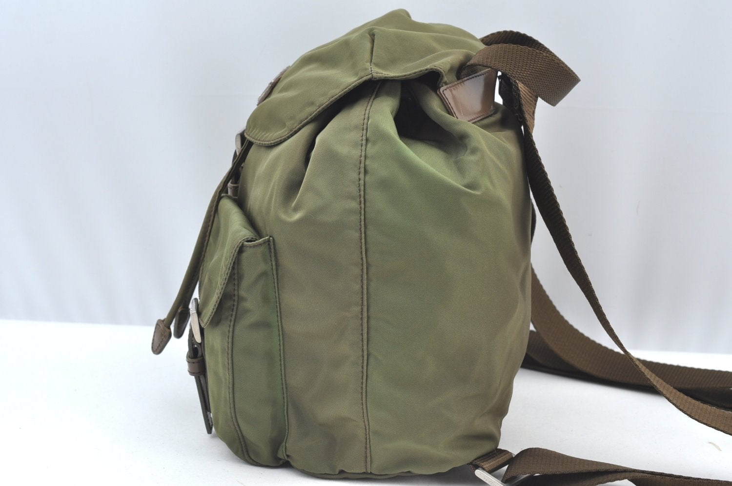 Authentic PRADA Vintage Nylon Leather Backpack Purse Khaki Green 7331H