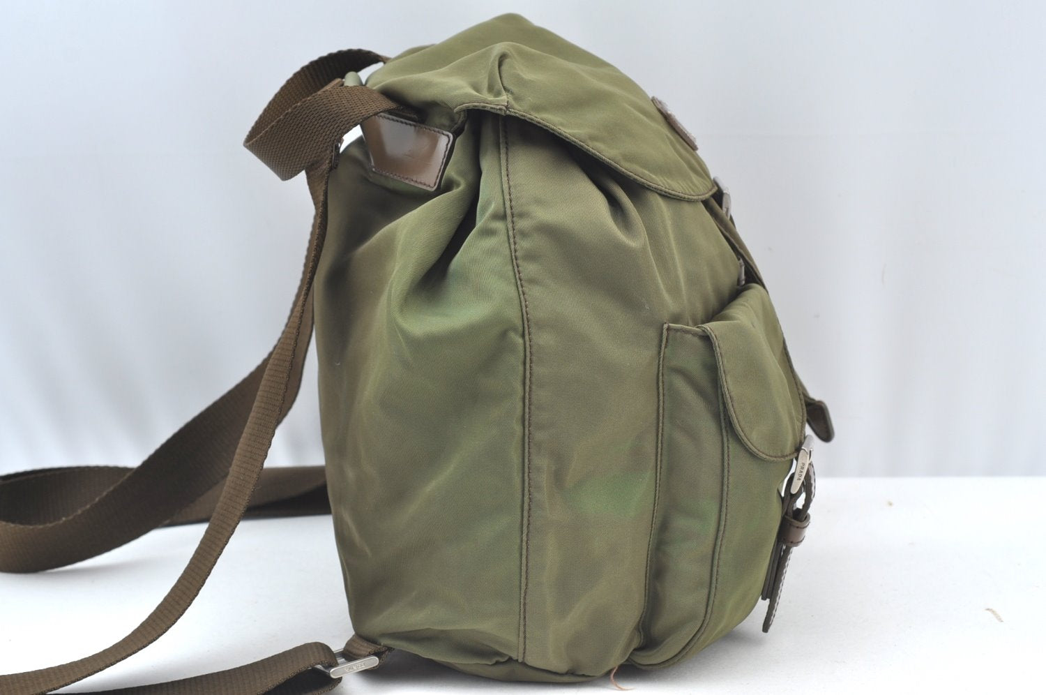 Authentic PRADA Vintage Nylon Leather Backpack Purse Khaki Green 7331H