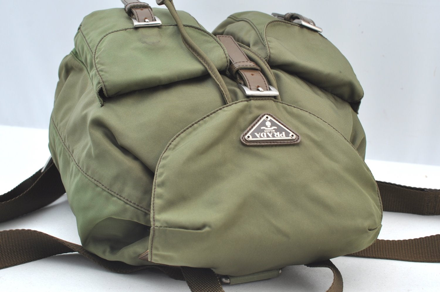 Authentic PRADA Vintage Nylon Leather Backpack Purse Khaki Green 7331H