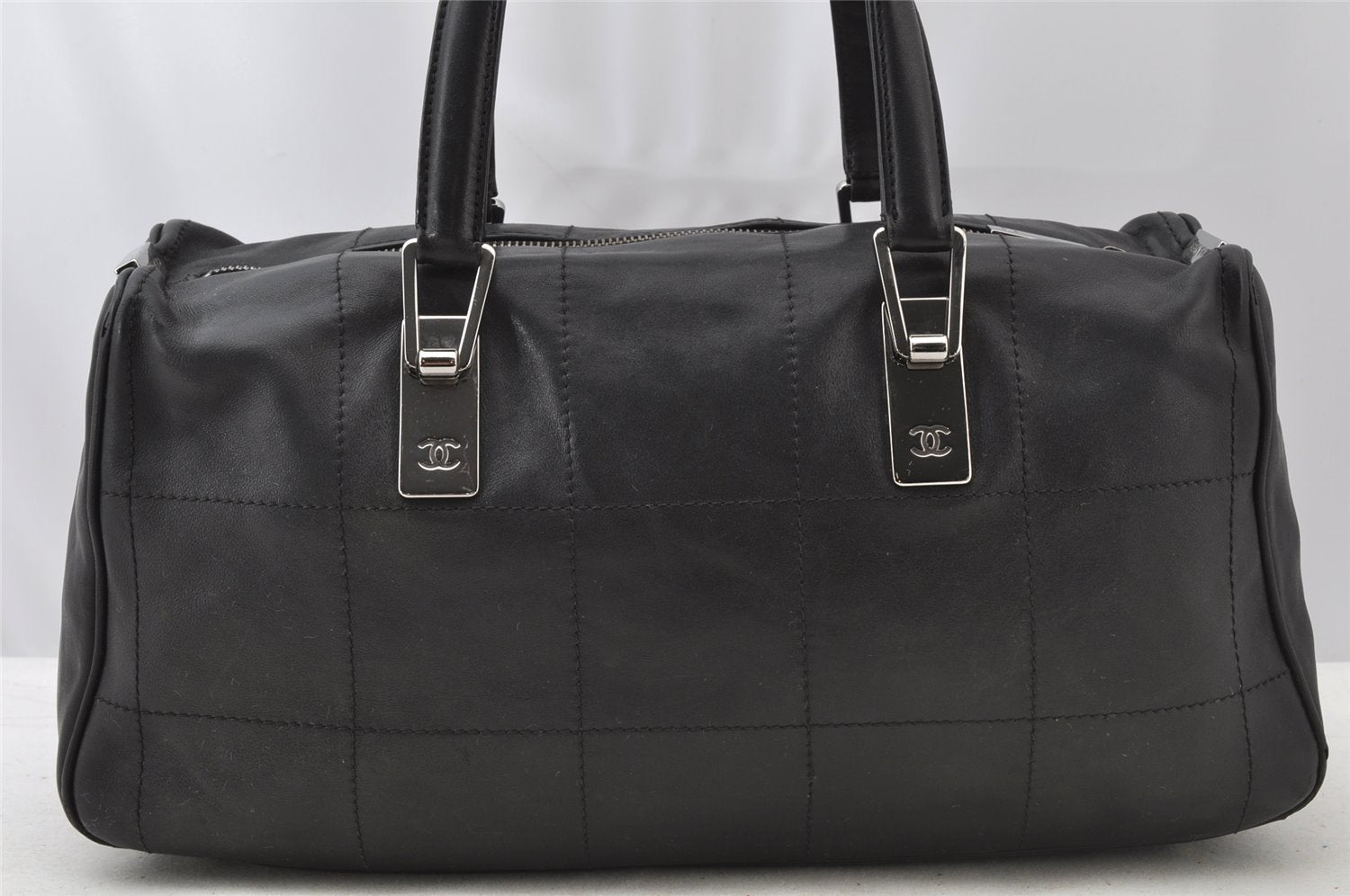 Authentic CHANEL Chocolate Bar Calf Skin CC Logo Hand Boston Bag Black 7335I