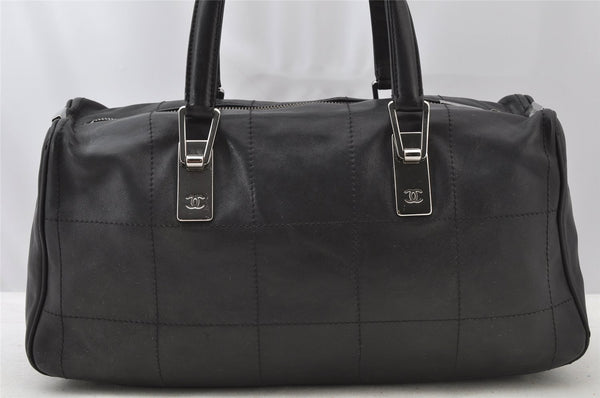 Authentic CHANEL Chocolate Bar Calf Skin CC Logo Hand Boston Bag Black 7335I
