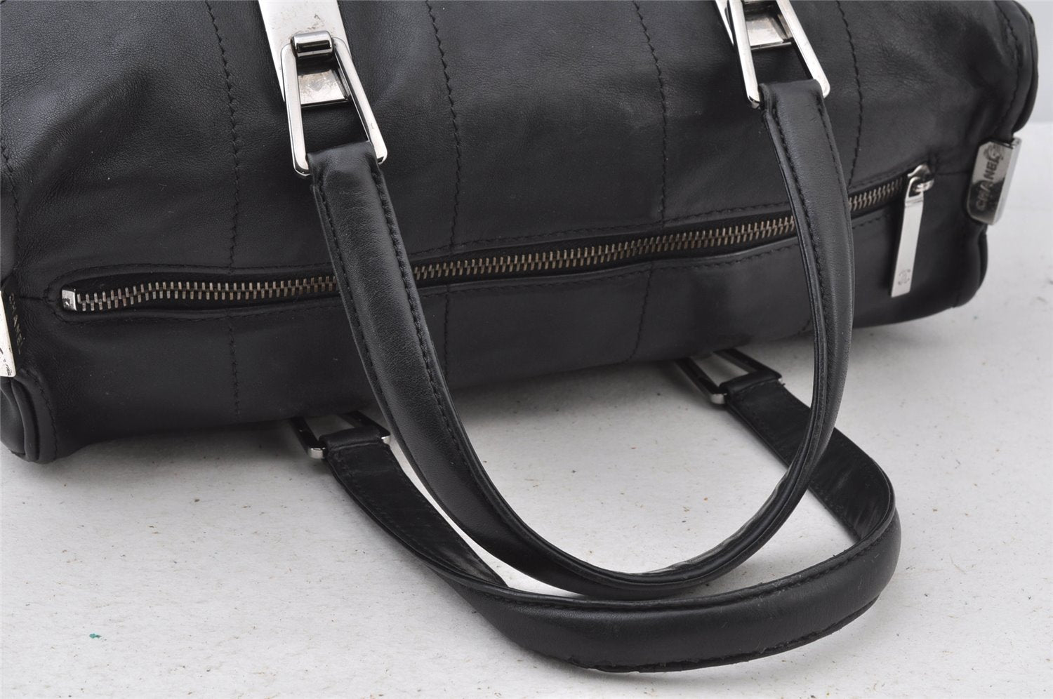 Authentic CHANEL Chocolate Bar Calf Skin CC Logo Hand Boston Bag Black 7335I
