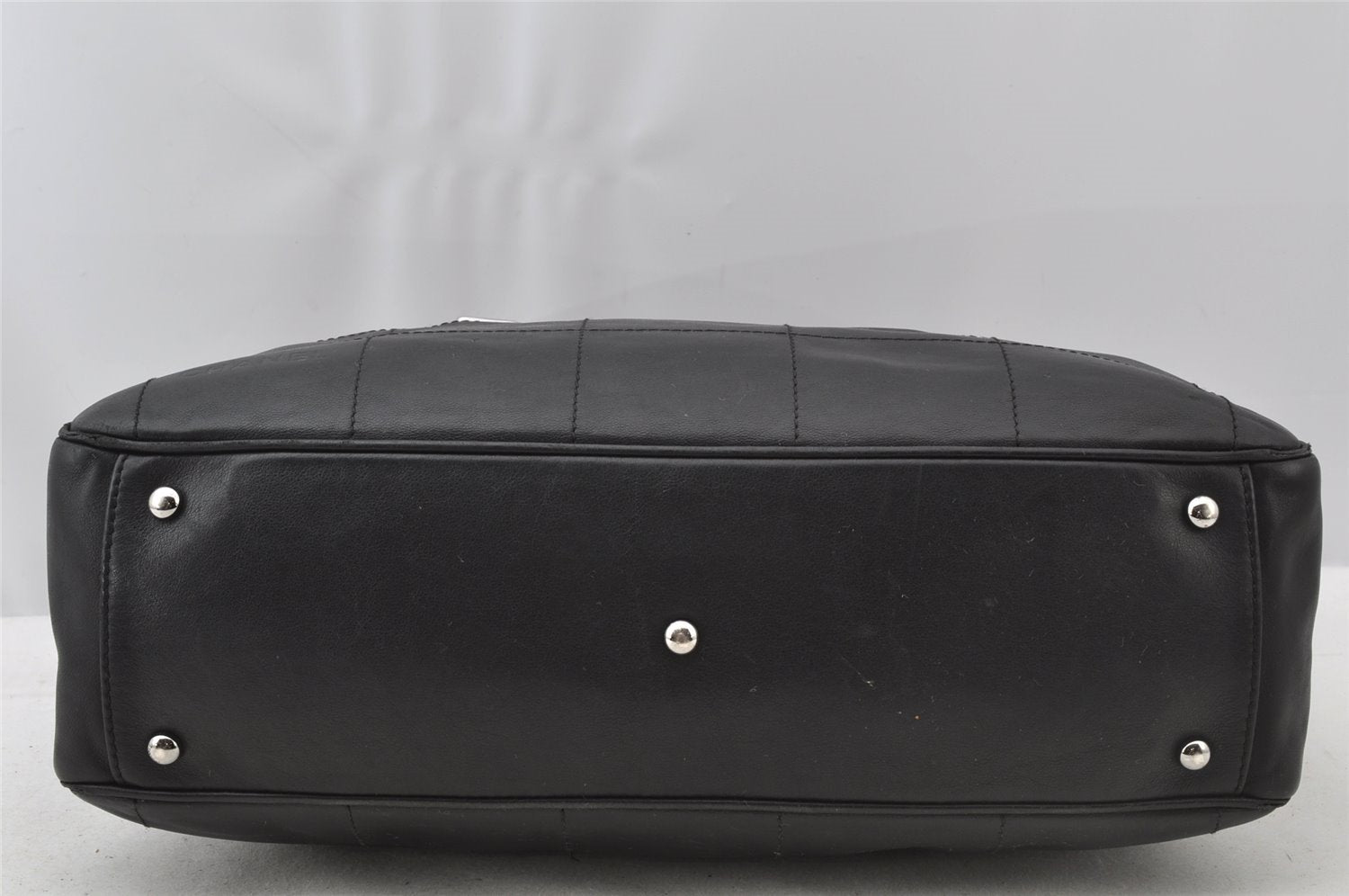 Authentic CHANEL Chocolate Bar Calf Skin CC Logo Hand Boston Bag Black 7335I