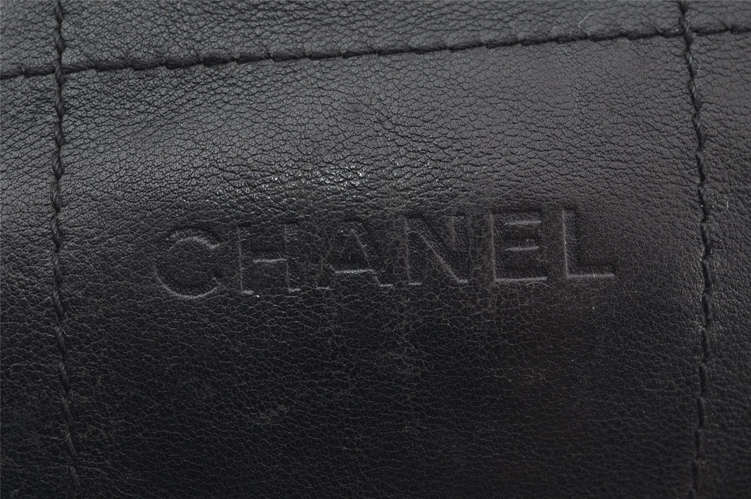 Authentic CHANEL Chocolate Bar Calf Skin CC Logo Hand Boston Bag Black 7335I