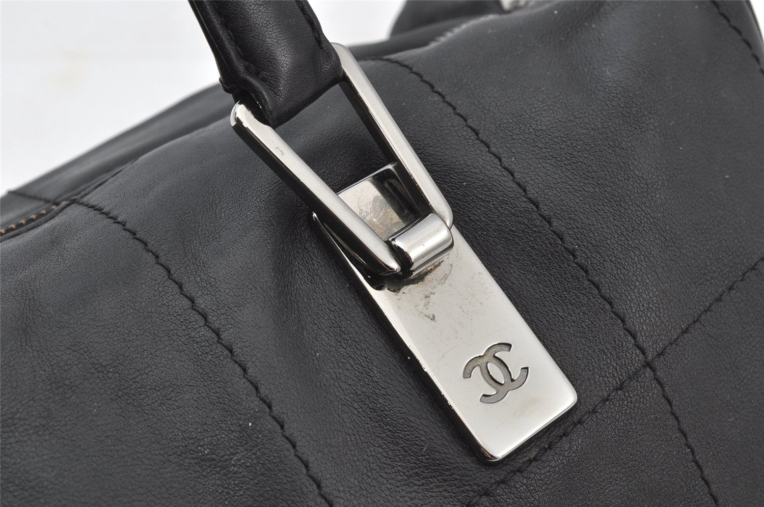 Authentic CHANEL Chocolate Bar Calf Skin CC Logo Hand Boston Bag Black 7335I