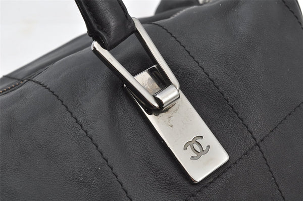 Authentic CHANEL Chocolate Bar Calf Skin CC Logo Hand Boston Bag Black 7335I