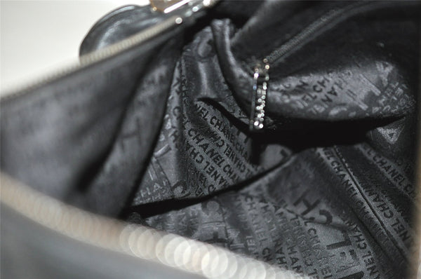 Authentic CHANEL Chocolate Bar Calf Skin CC Logo Hand Boston Bag Black 7335I
