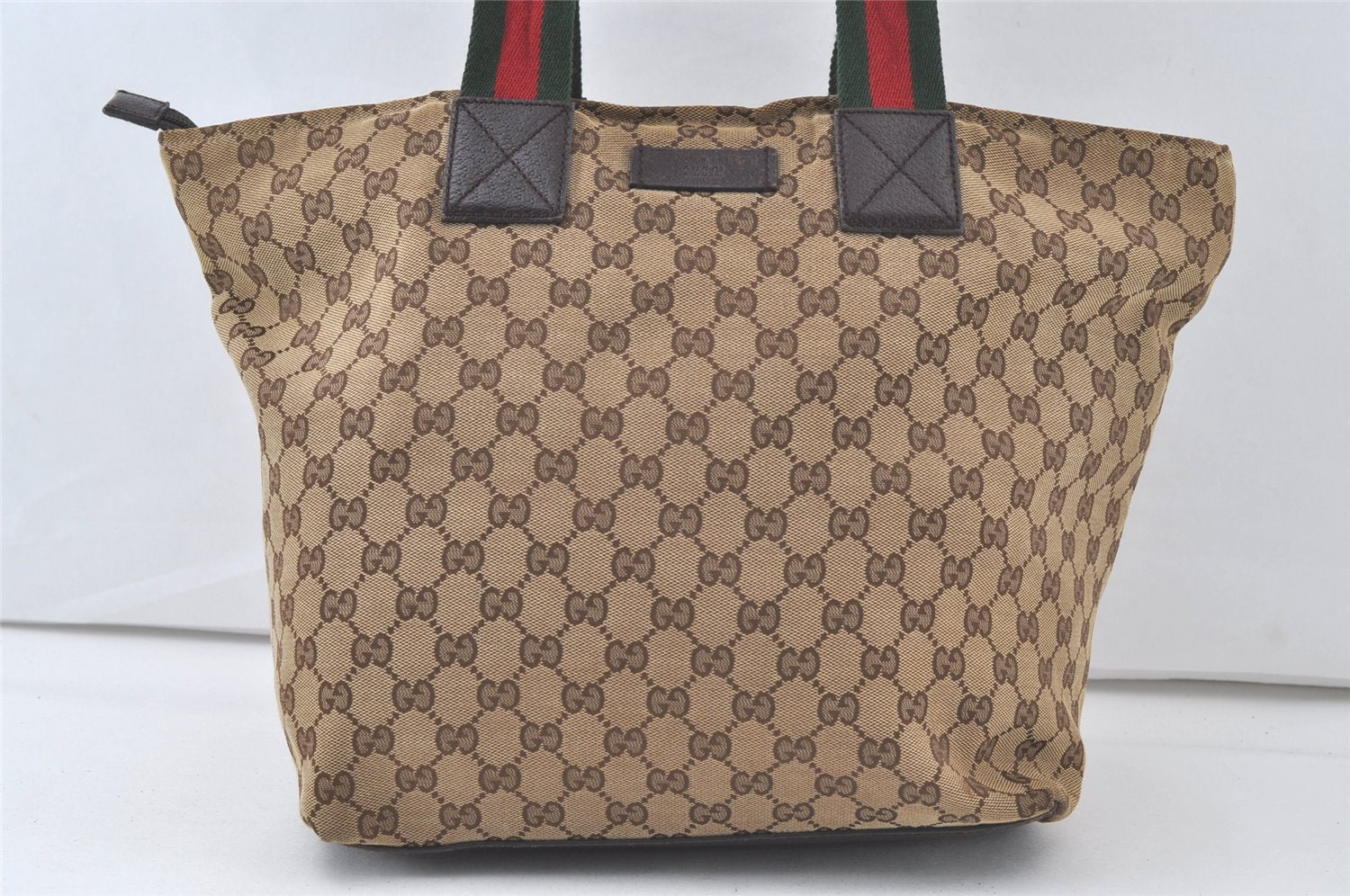 Authentic GUCCI Web Sherry Line Tote Bag GG Canvas Leather 131231 Brown 7340K