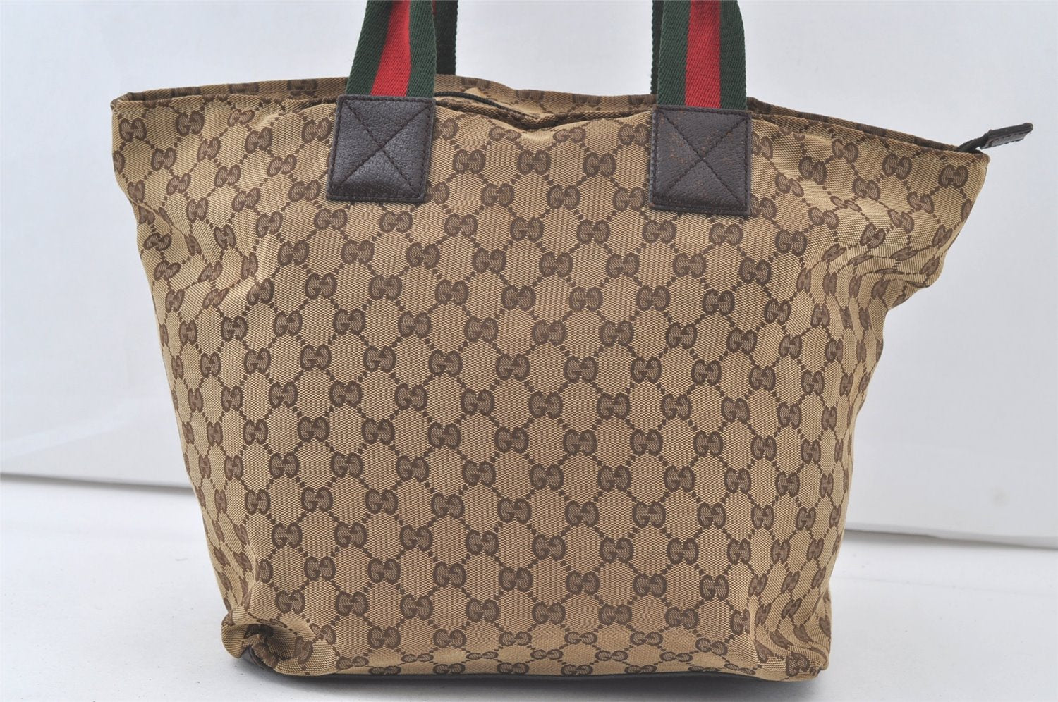 Authentic GUCCI Web Sherry Line Tote Bag GG Canvas Leather 131231 Brown 7340K