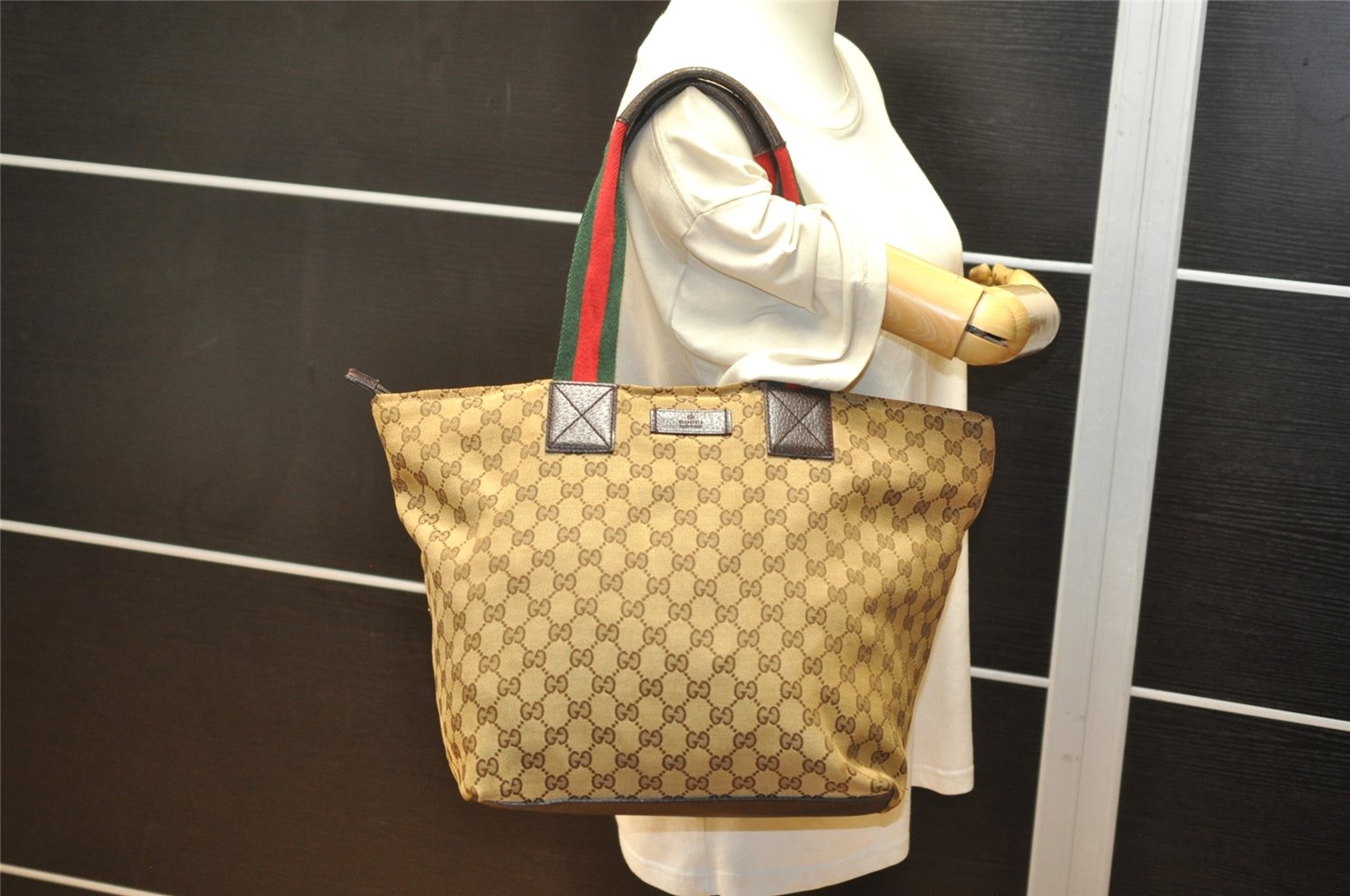 Authentic GUCCI Web Sherry Line Tote Bag GG Canvas Leather 131231 Brown 7340K