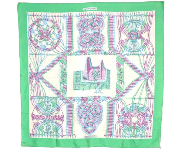 Authentic HERMES Carre 90 Scarf "MACRAME" Silk Green 7344I