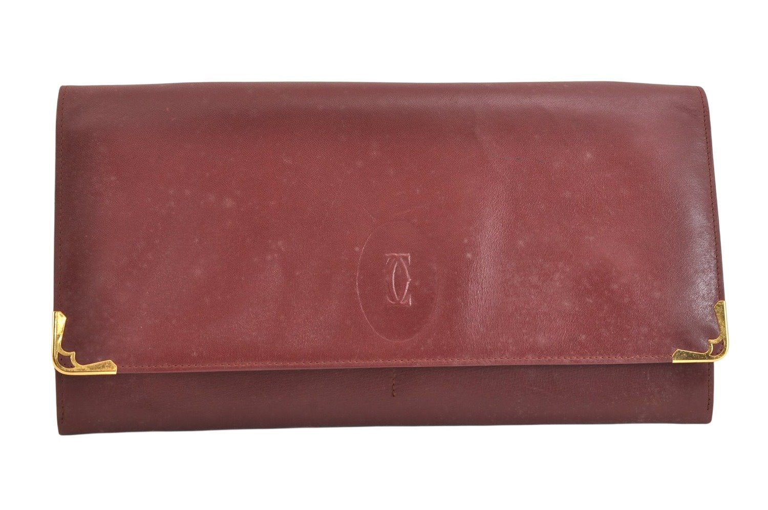 Authentic Cartier Must de Cartier Clutch Bag Purse Leather Bordeaux Red 7352K