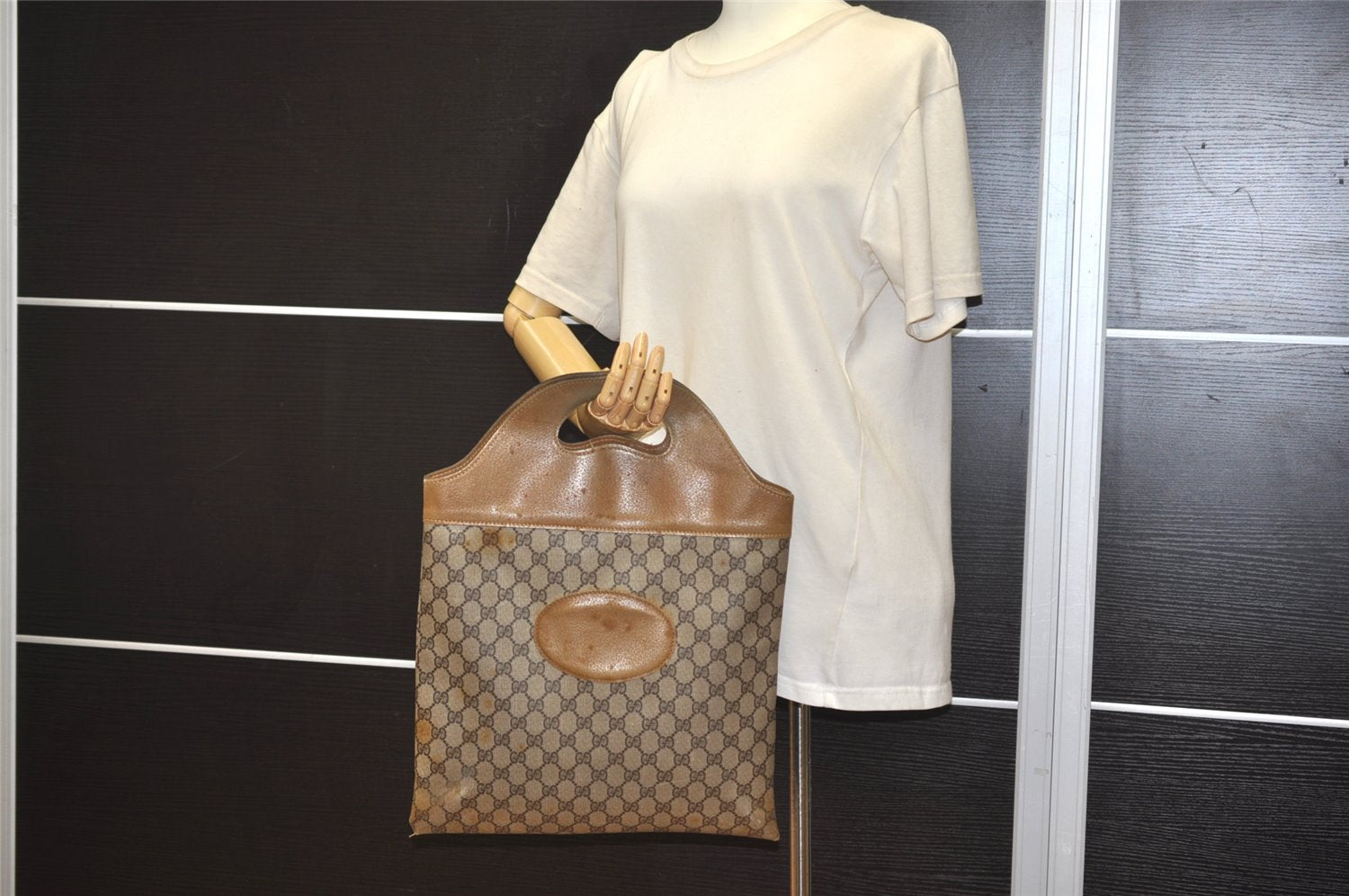 Authentic GUCCI Vintage Hand Tote Bag GG PVC Leather Brown 7358J