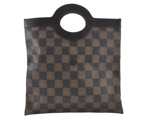 Authentic FENDI Vintage Pequin Check Hand Tote Bag PVC Leather Brown Black 7361K