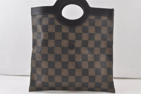 Authentic FENDI Vintage Pequin Check Hand Tote Bag PVC Leather Brown Black 7361K