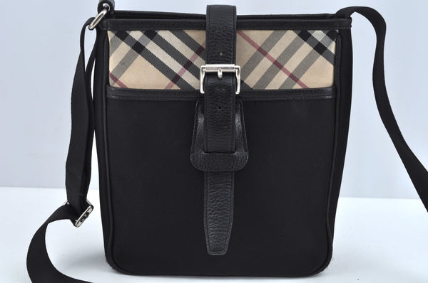 Authentic BURBERRY Nova Check Shoulder Cross Body Bag Nylon Leather Black 7363I