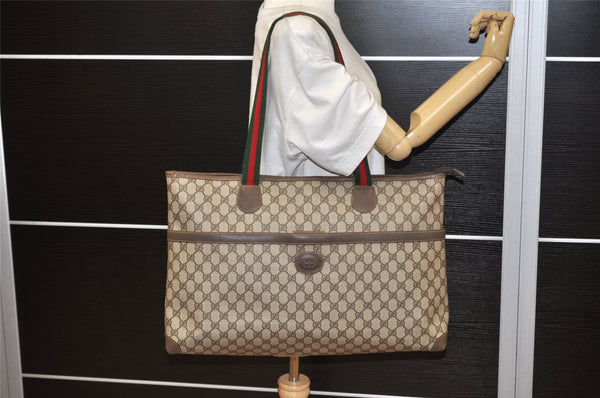 Authentic GUCCI Web Sherry Line Shoulder Tote Bag GG PVC Leather Brown 7370K