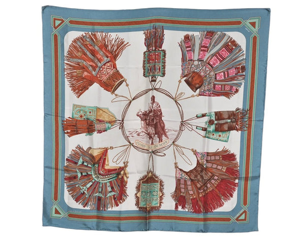 Authentic HERMES Carre 90 Scarf "CUIRS DU DESERT" Silk Blue Gray 7377K