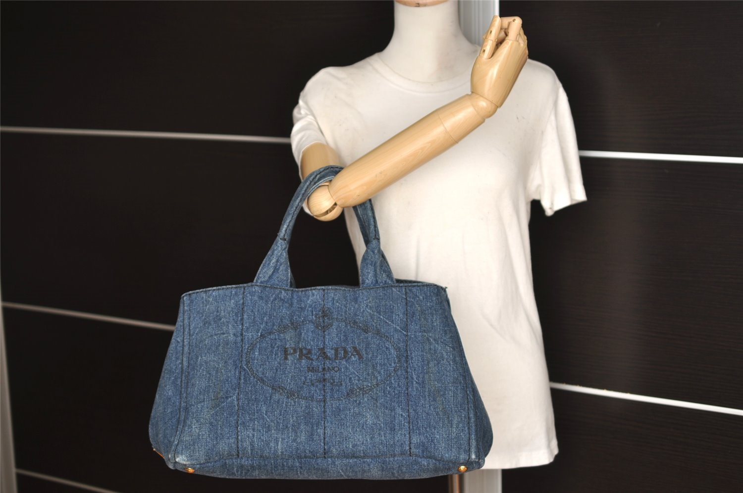 Authentic PRADA Vintage Canapa L Tote Hand Bag Denim Blue 7378I