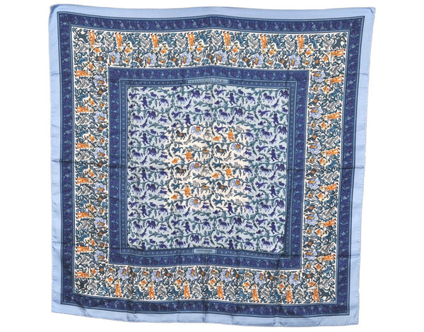 Authentic HERMES Carre 90 Scarf "CHASSE EN INDE" Silk Light Blue 7380K