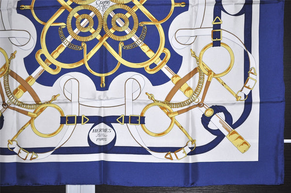 Authentic HERMES Carre 90 Scarf "Eperon d' or" Silk Navy 7381K