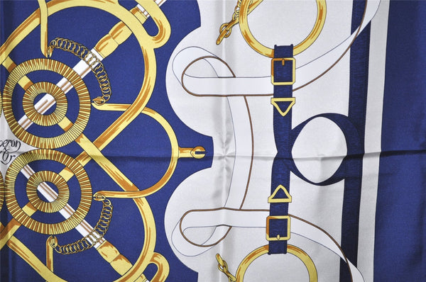 Authentic HERMES Carre 90 Scarf "Eperon d' or" Silk Navy 7381K