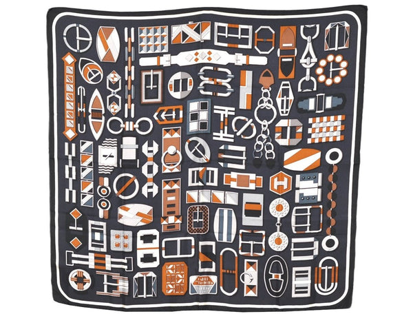 Authentic HERMES Carre 90 Scarf "CARRE EN BOUCLES" Silk Black 7382K