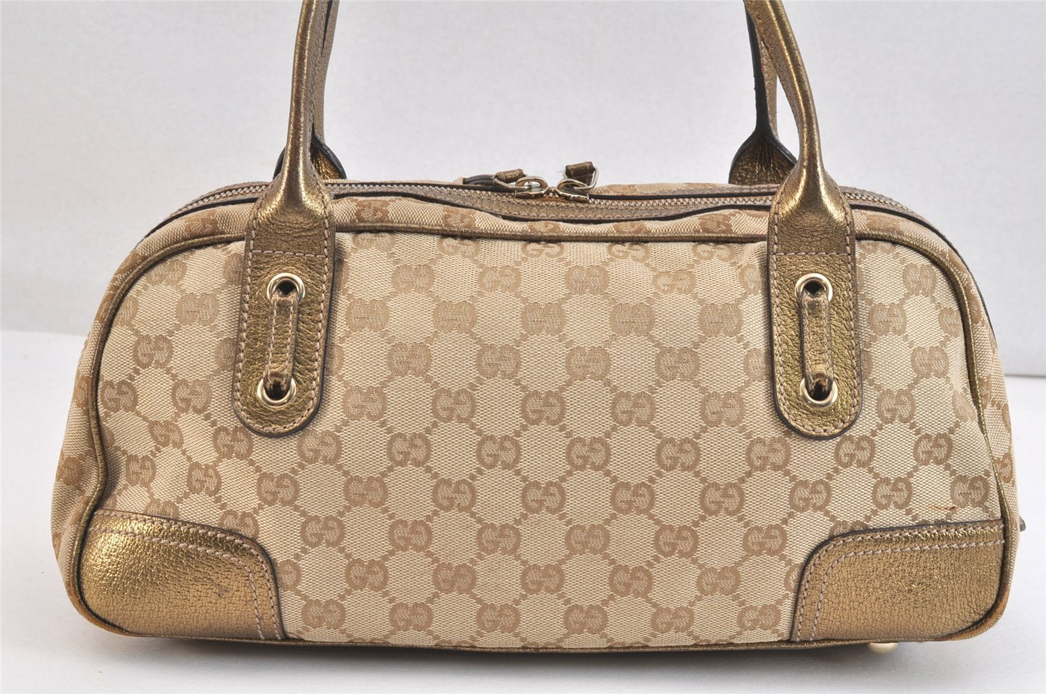 Authentic GUCCI Princy Ribbon Shoulder Bag GG Canvas Leather 161720 Beige 7387K