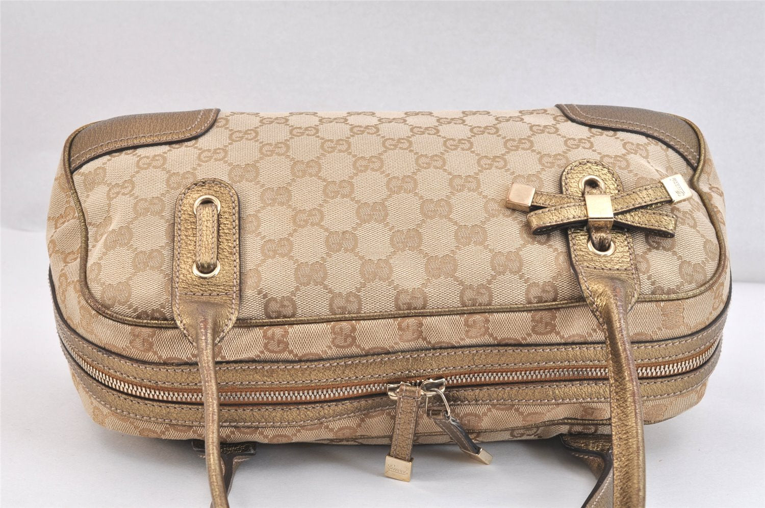 Authentic GUCCI Princy Ribbon Shoulder Bag GG Canvas Leather 161720 Beige 7387K