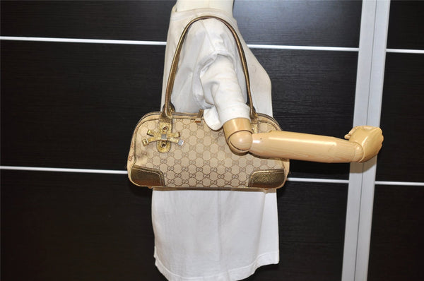 Authentic GUCCI Princy Ribbon Shoulder Bag GG Canvas Leather 161720 Beige 7387K