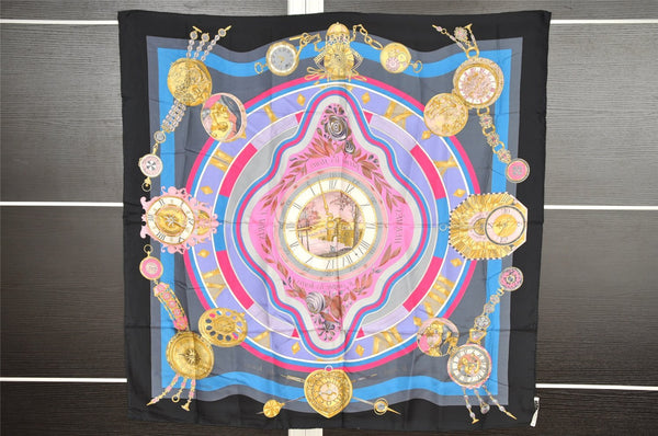 Authentic HERMES Carre 90 Scarf "parmi les fleurs je compte" Silk Black 7388I