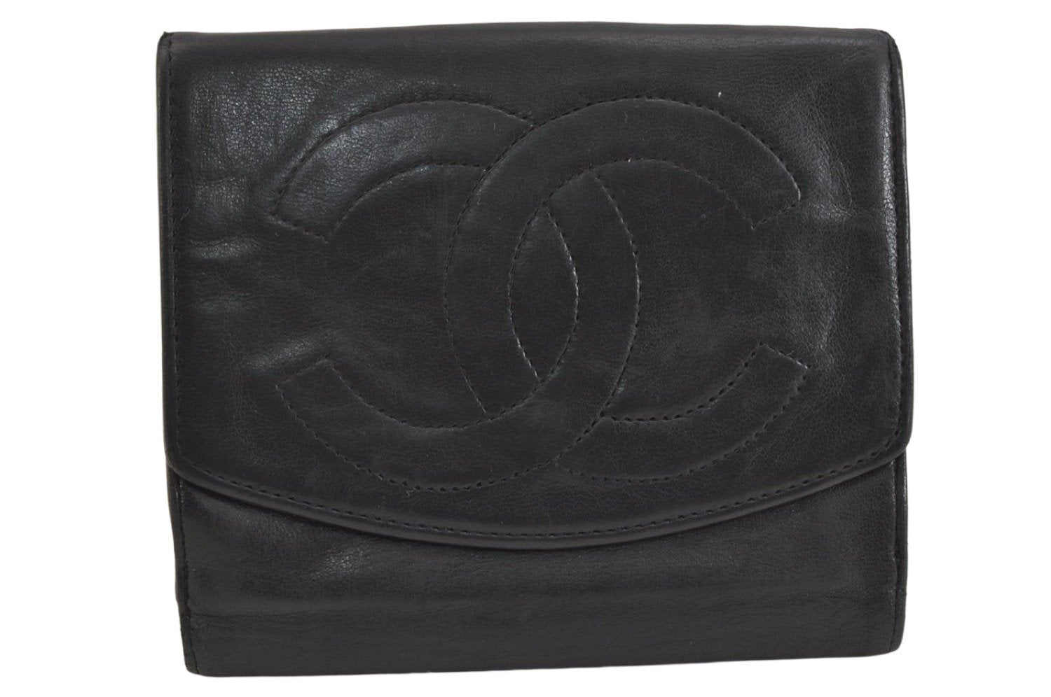 Authentic CHANEL Vintage Calf Skin Bifold Wallet Purse Black CC Logo 7388K