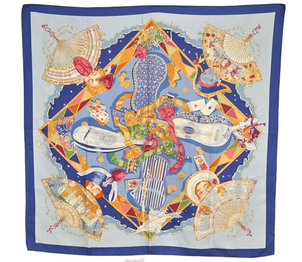 Authentic HERMES Carre 90 Scarf "Mon Ami Pierrot" Silk Blue 7389I